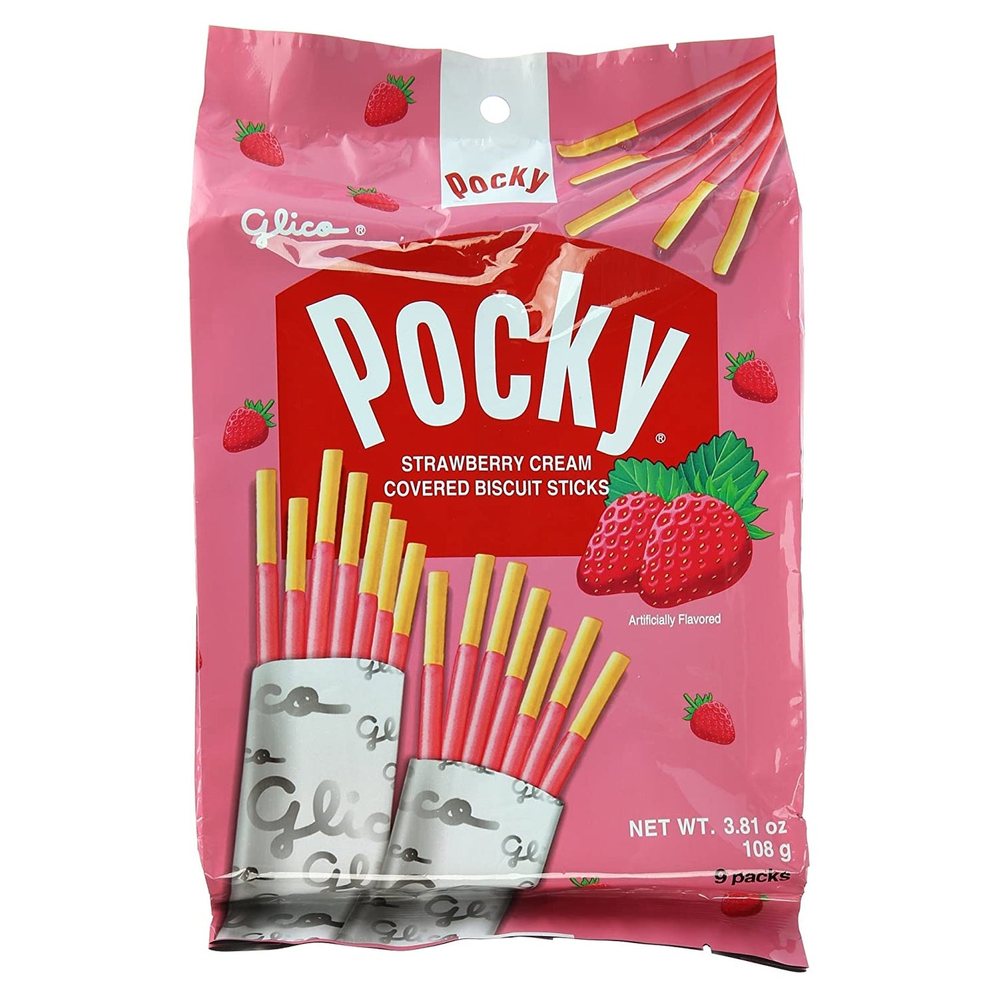 Glico Pocky 家庭装奶油饼干棒 (9 包独立包装) 草莓味 (每箱 20 包)