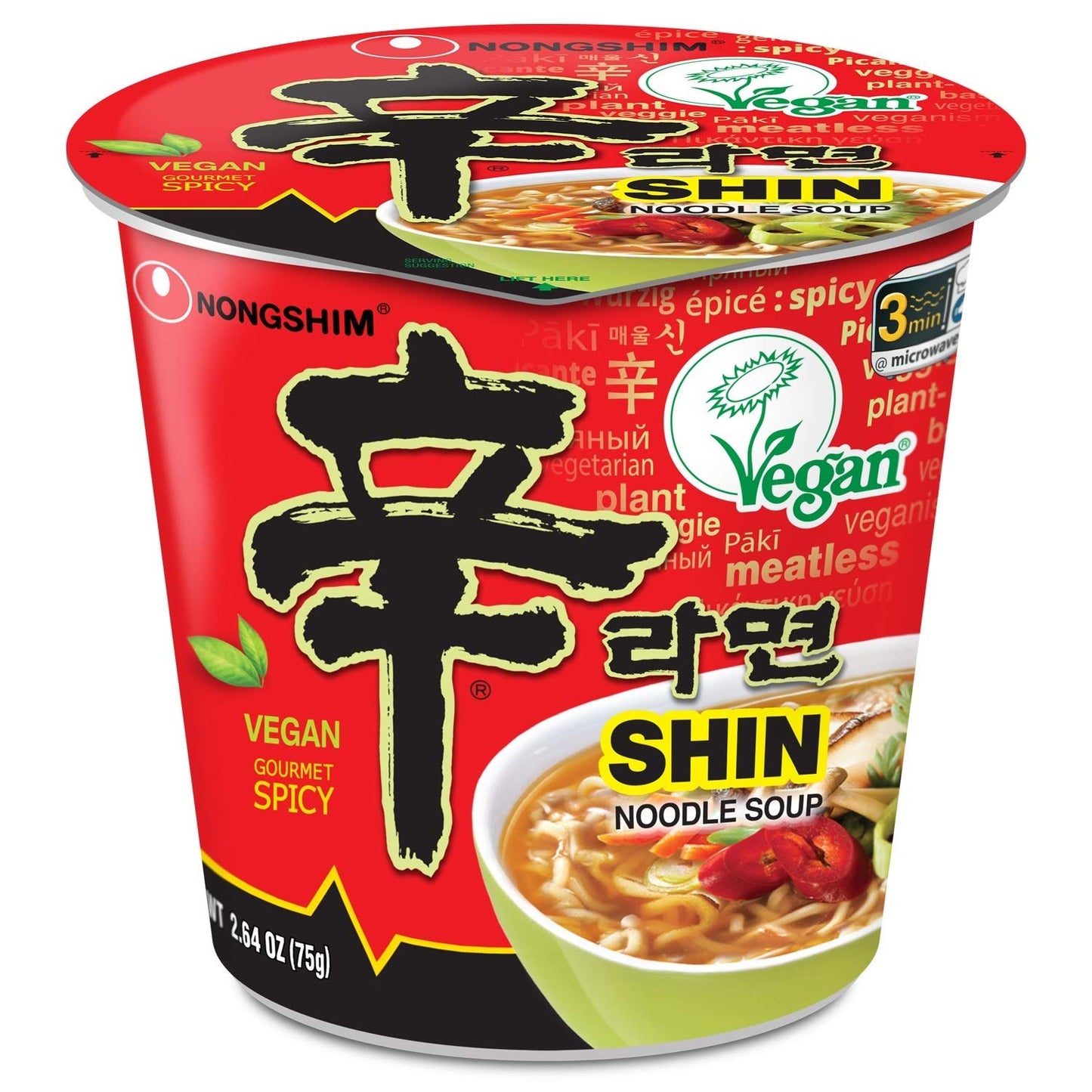 农心美食辣素辛方便面汤料杯装 6 件装,可微波加热素无肉拉面