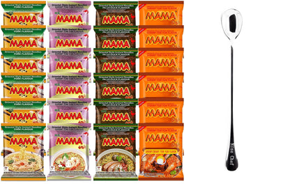 Mama Ramen Thai instant Noodle, 4 flavor (Shrimp Tom Yum, Pa Lo Duck, Shrimp Creamy Tom Yum, Pork), each flavor 6 bags Total 24 small bags noodle plus one NineChef Coffee Spoon