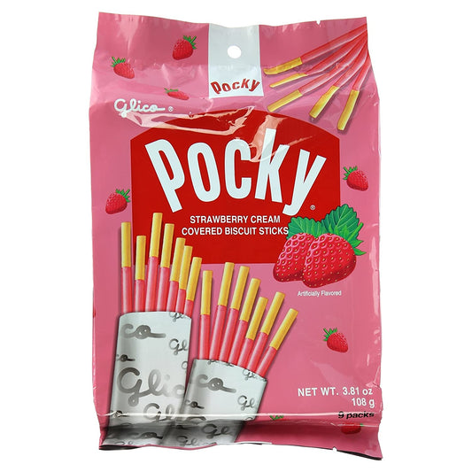 Glico Pocky Family Size Cream Covered Biscuit Sticks (9 Individual Bags) Strawberry Flavor(20 Pack per case)