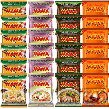 Mama Ramen Thai instant Noodle, 4 flavor (Shrimp Tom Yum, Pa Lo Duck, Shrimp Creamy Tom Yum, Pork), each flavor 6 bags Total 24 small bags noodle plus one NineChef Coffee Spoon