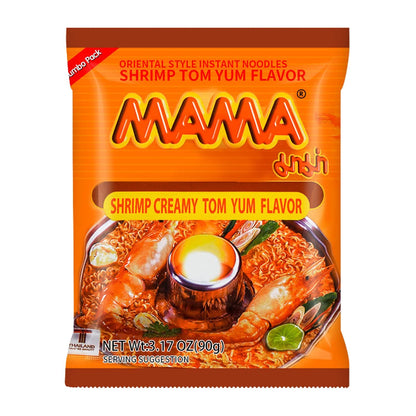 Mama Ramen Thai instant Noodle, 4 flavor (Shrimp Tom Yum, Pa Lo Duck, Shrimp Creamy Tom Yum, Pork), each flavor 6 bags Total 24 small bags noodle plus one NineChef Coffee Spoon