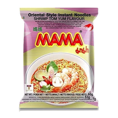 Mama Ramen Thai instant Noodle, 4 flavor (Shrimp Tom Yum, Pa Lo Duck, Shrimp Creamy Tom Yum, Pork), each flavor 6 bags Total 24 small bags noodle plus one NineChef Coffee Spoon