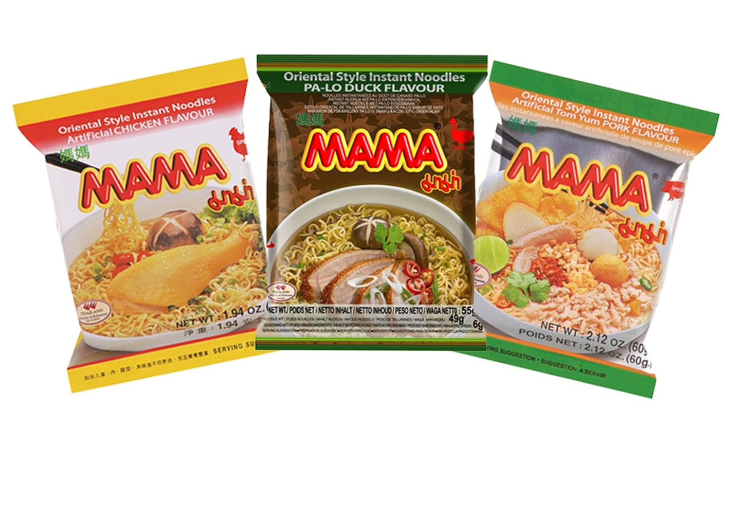 MAMA Ramen Style Instant Oriental Noodles Variety 30 Pack, Chicken, Duck, Tom Yum Pork Flavors