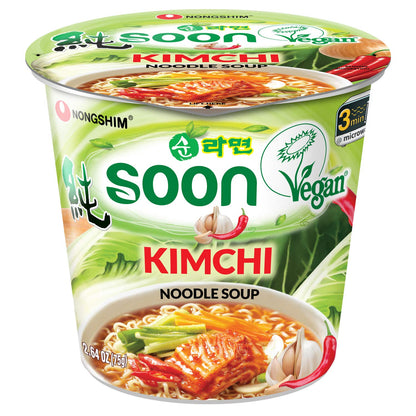 Nongshim Soon Kimchi Instant Vegan Ramen Noodle Soup Mix Cup, 6 Pack, Microwaveable Vegan Meatless Ramen, Real Kimchi Flakes