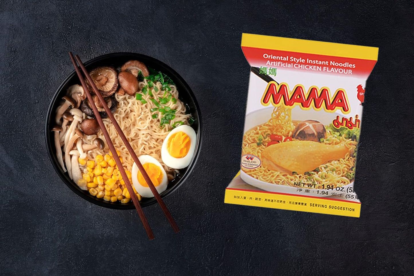 MAMA Ramen Style Instant Oriental Noodles Variety 30 Pack, Chicken, Duck, Tom Yum Pork Flavors