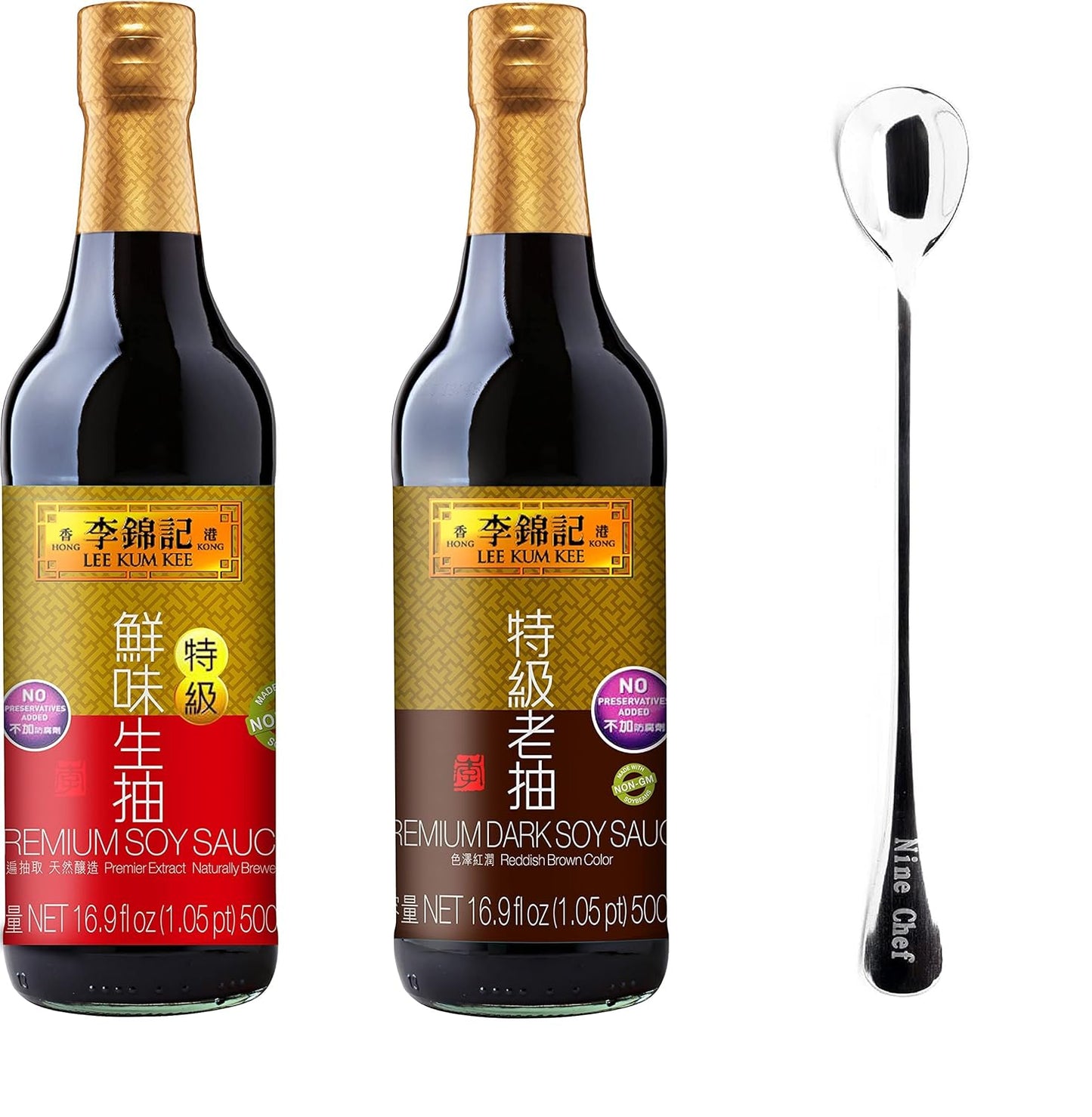 Lee Kum Kee Premium Light Soy Sauce, 16.9-Ounce + Lee Kum Kee Premium Dark Soy Sauce - 16.9 fl. Ounce + One NineChef Spoon